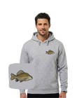 Blue hoodie with embroidered carp fish design from CustomClothes.pl, featuring detailed fish embroidery on the front.