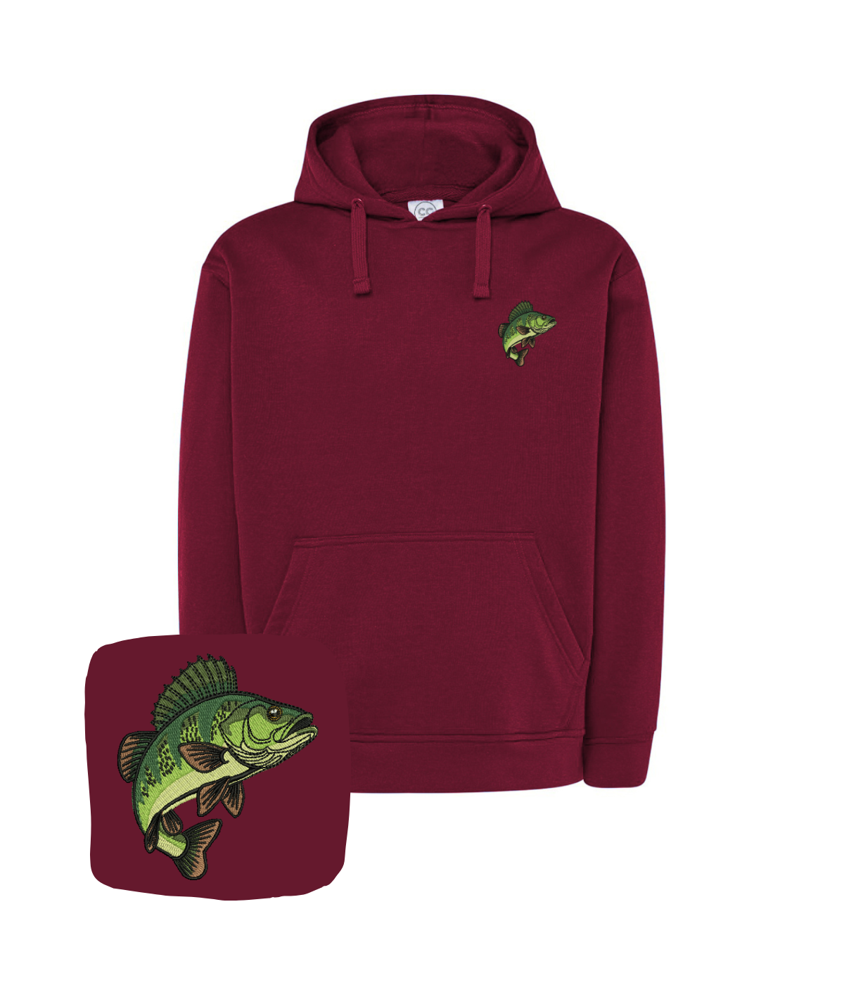 Blue hoodie with hand-embroidered perch fish design, casual sweatshirt by CustomClothes.pl, front view showing detailed embroidery.