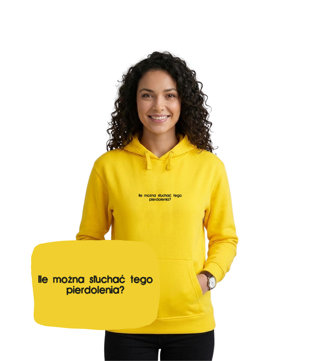 Gray hoodie with a colorful embroidered design from CustomClothes.pl, featuring the phrase "Ile można tego słuchać" from the Bez Cenzury collection.