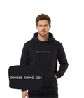 Gray hoodie with humorous "Zawsze coś" embroidery, casual zip-up hoodie from CustomClothes.pl, front view.