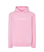 Personalized hoodie with small custom text on the front, black hoodie from CustomClothes.pl with a relaxed fit.