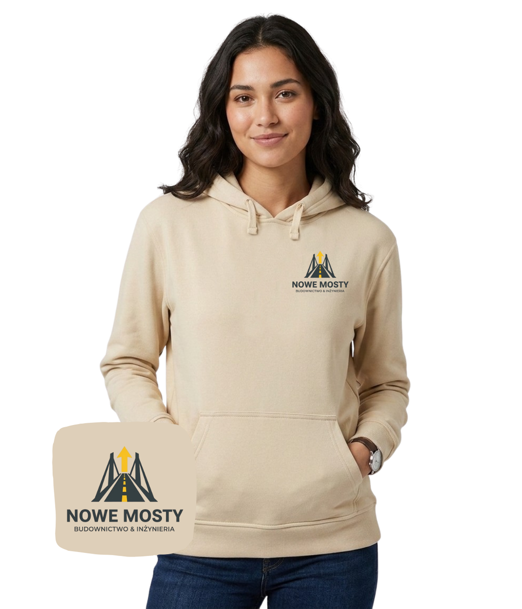 Gray hoodie with embroidered company logo on the chest, from CustomClothes.pl, featuring a casual fit and soft fabric.