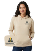Gray hoodie with embroidered company logo on the chest, from CustomClothes.pl, featuring a casual fit and soft fabric.