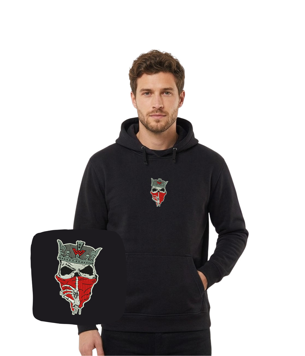 Black hoodie with skull and crown embroidery, featuring a dark aesthetic, from CustomClothes.pl.