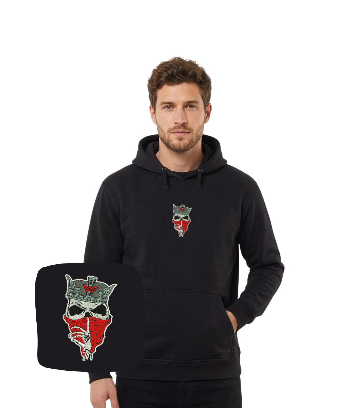 Black hoodie with skull and crown embroidery, featuring a dark aesthetic, from CustomClothes.pl.