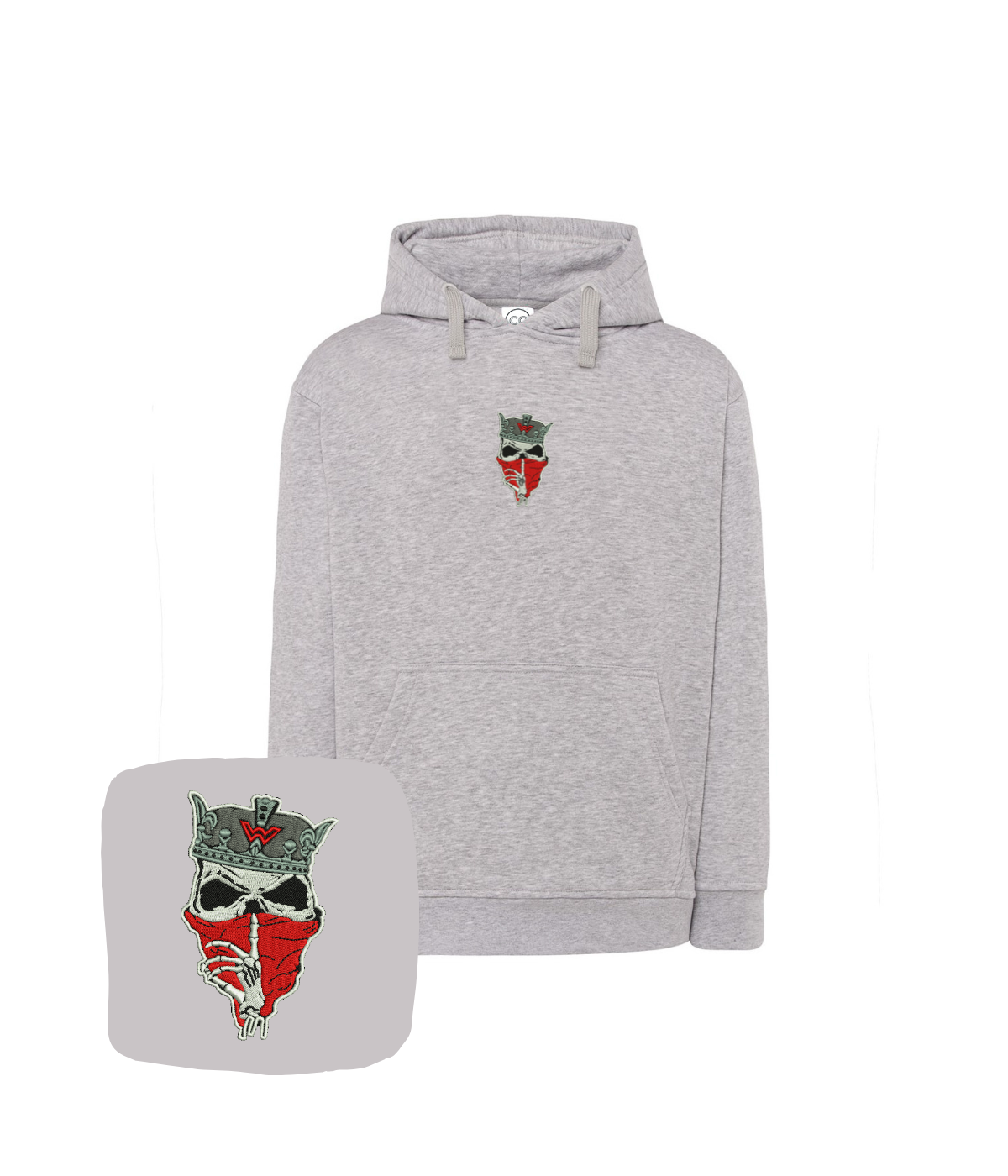 Black hoodie with skull and crown embroidery, featuring a hood and front logo, from CustomClothes.pl in a dark aesthetic style.