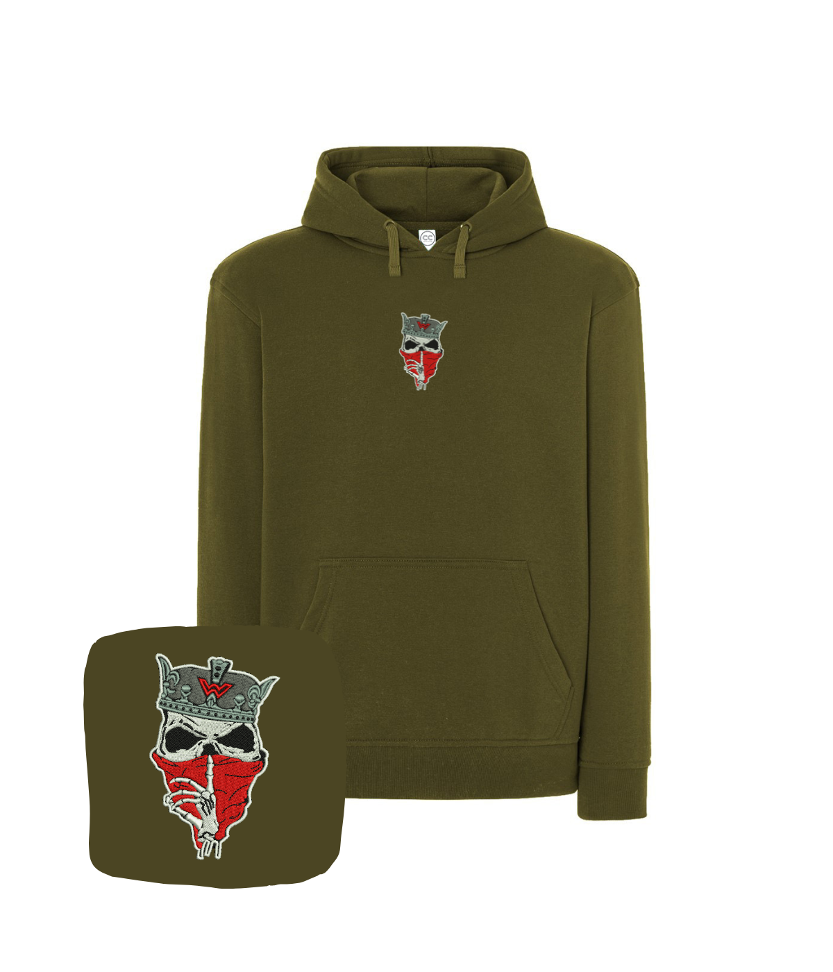 Black hoodie with skull and crown embroidery, featuring a hood and detailed design, perfect for fans of dark aesthetic fashion.