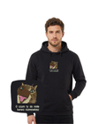 Blue hoodie with embroidered cat design, featuring humorous text, made by CustomClothes.pl, casual and comfortable streetwear.