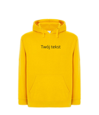 Personalized hoodie with custom small text on front, casual black sweatshirt from CustomClothes.pl with adjustable hood.