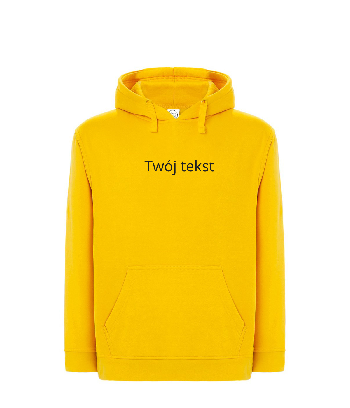 Personalized hoodie with custom small text on front, casual black sweatshirt from CustomClothes.pl with adjustable hood.