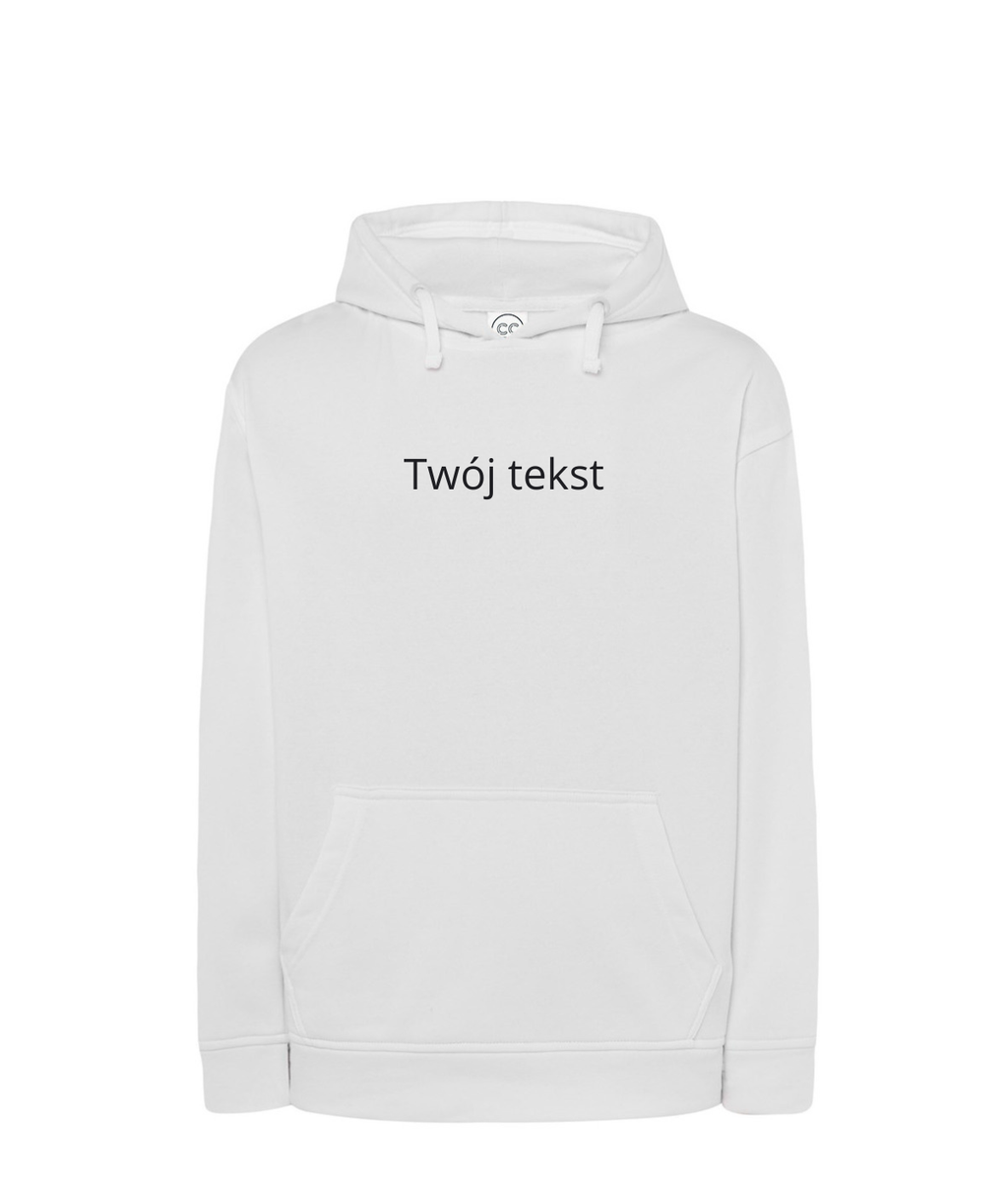Personalized hoodie with small custom text from CustomClothes.pl, featuring a comfortable design and a personalized message on the front.