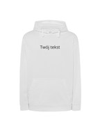 Personalized hoodie with small custom text from CustomClothes.pl, featuring a comfortable design and a personalized message on the front.