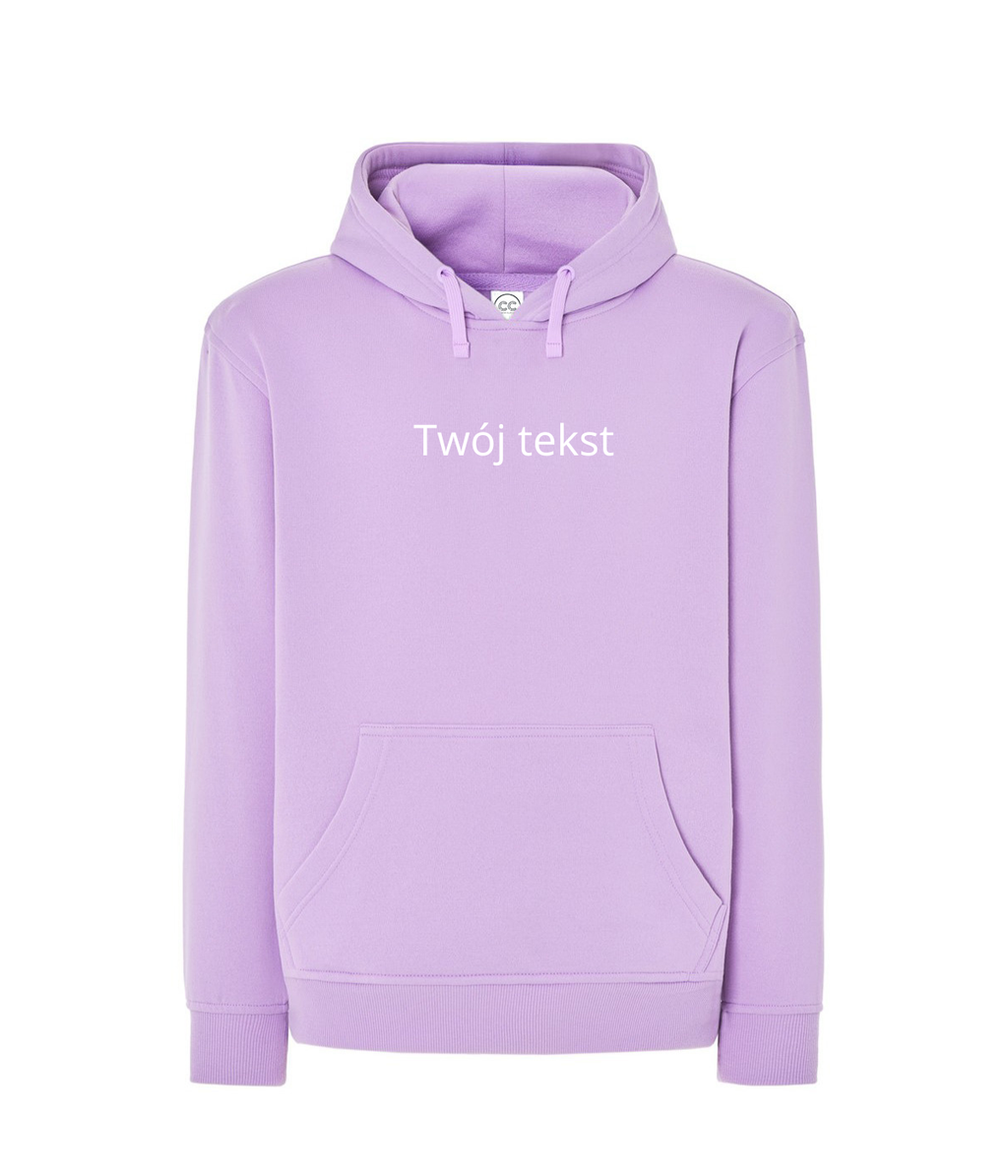 Personalized hoodie with custom small text on the front, made by CustomClothes.pl, casual and comfortable streetwear style.
