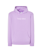 Personalized hoodie with custom small text on the front, made by CustomClothes.pl, casual and comfortable streetwear style.