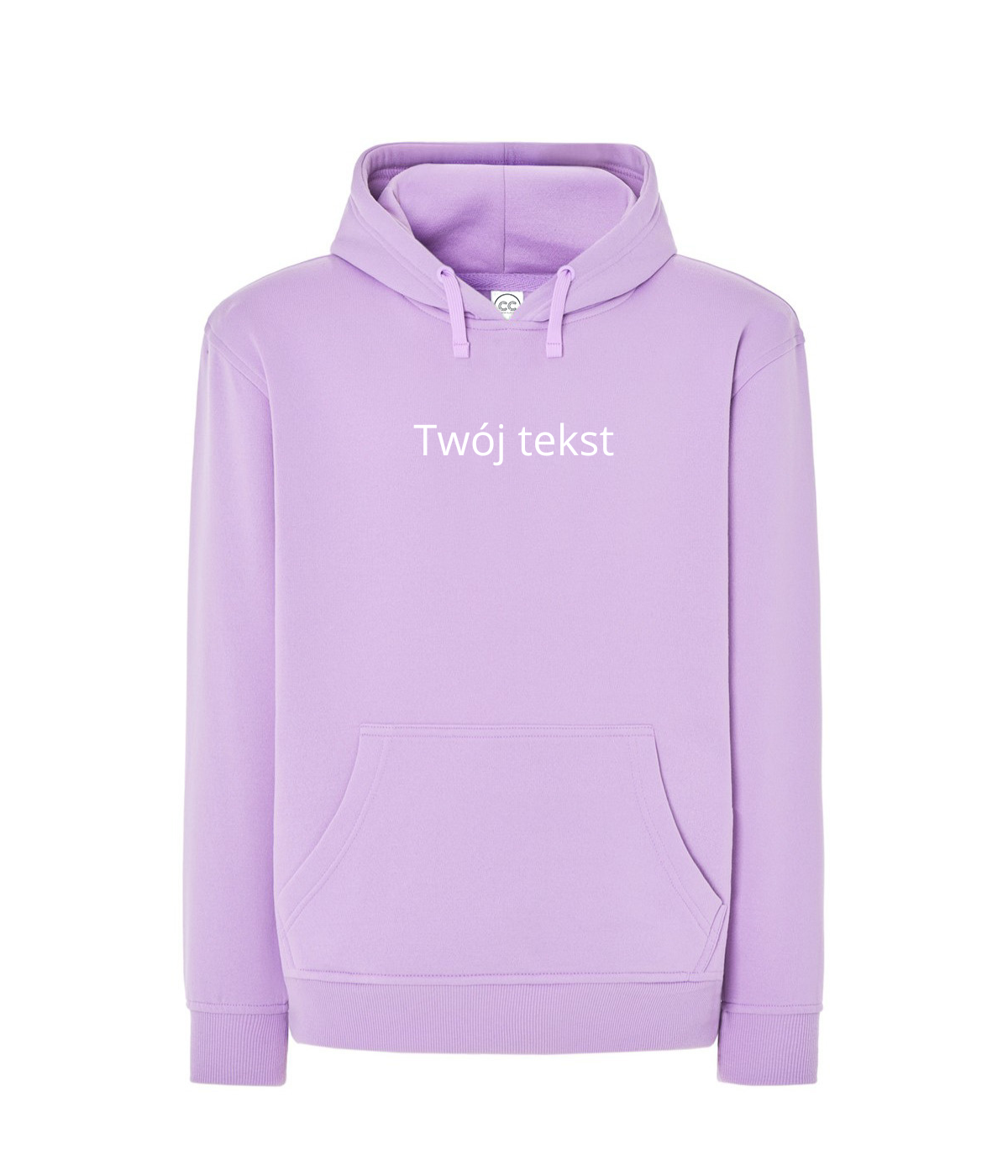 Personalized hoodie with custom small text on the front, made by CustomClothes.pl, casual and comfortable streetwear style.