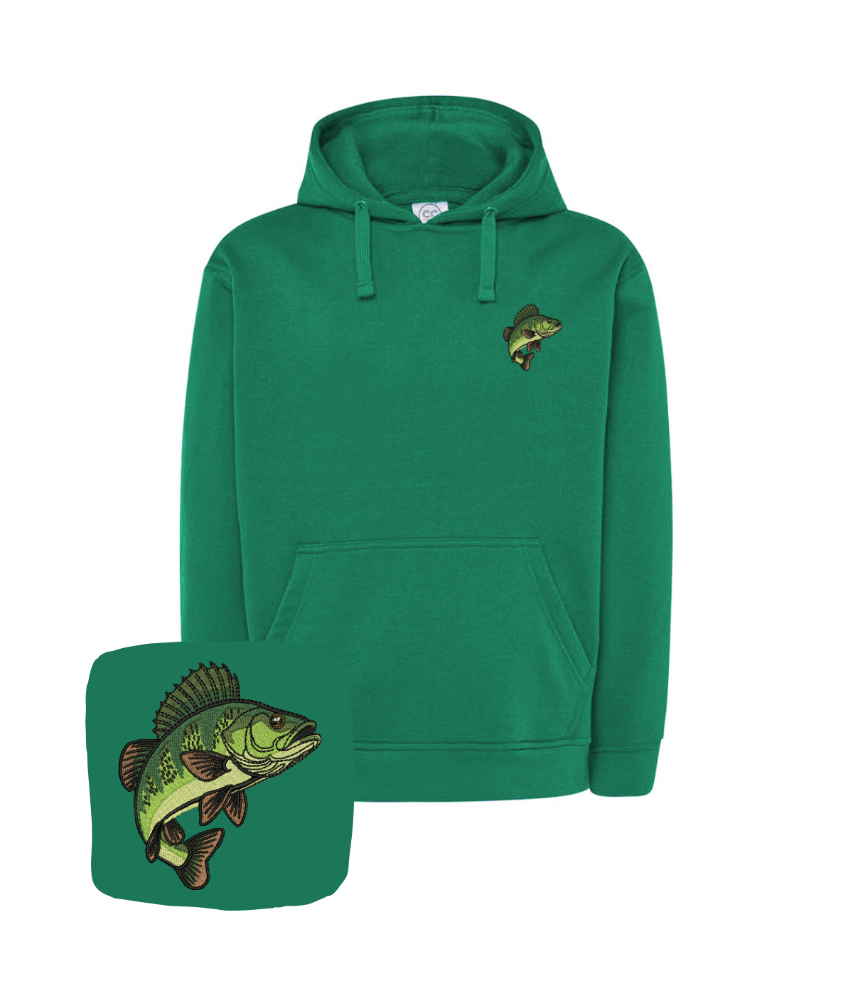 Blue hoodie with embroidered fish design featuring a perch, from CustomClothes.pl, showing the detailed fish embroidery on the front.