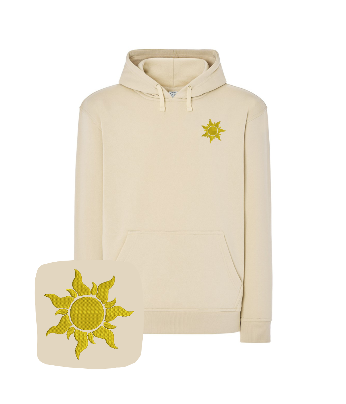 Blue sweatshirt with sun embroidery, casual clothing by CustomClothes.pl, shown with a focus on the embroidered sun design.
