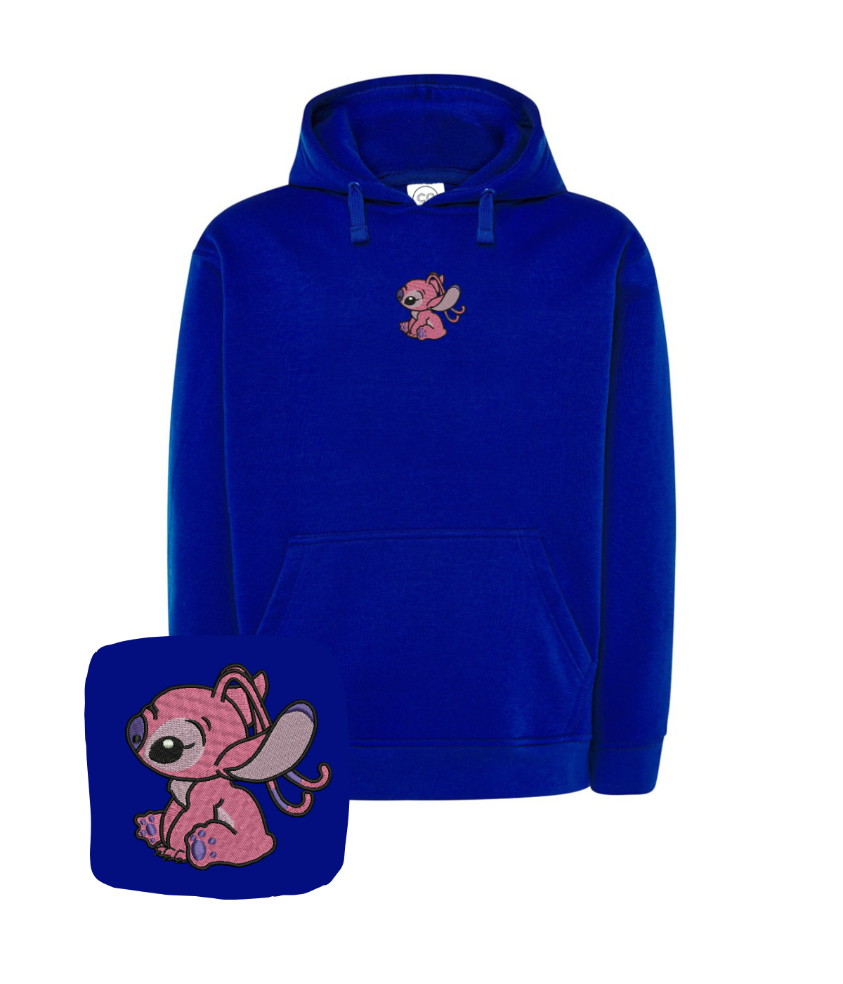 CustomClothes.pl blue hoodie with embroidered angel design, featuring a comfortable fit and detailed embroidery on the front.