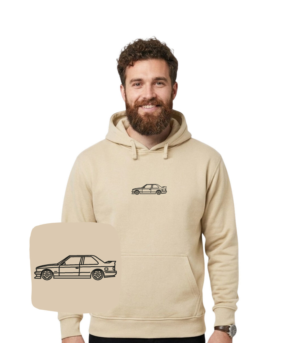 Blue BMW M3 E30 sweatshirt with embroidered outline design, stylish casual wear from CustomClothes.pl.