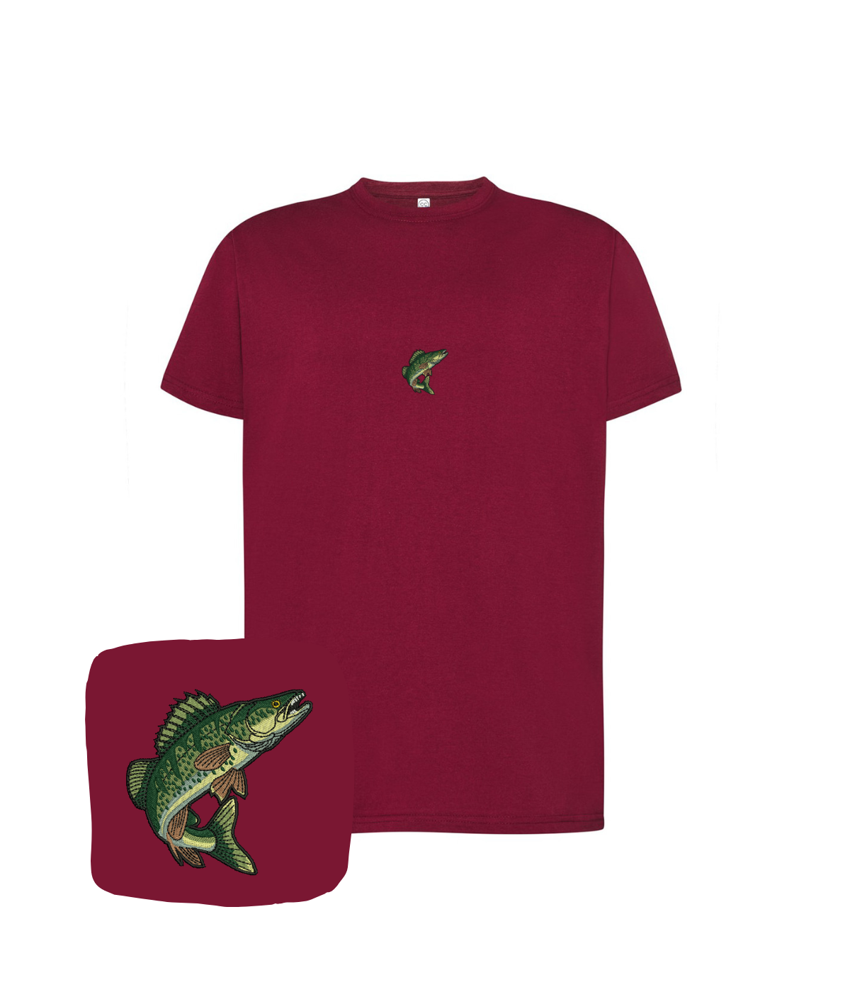 Bordowa koszulka z haftem ryby okoń, męska, casual clothing, CustomClothes.pl, na prezent dla niego