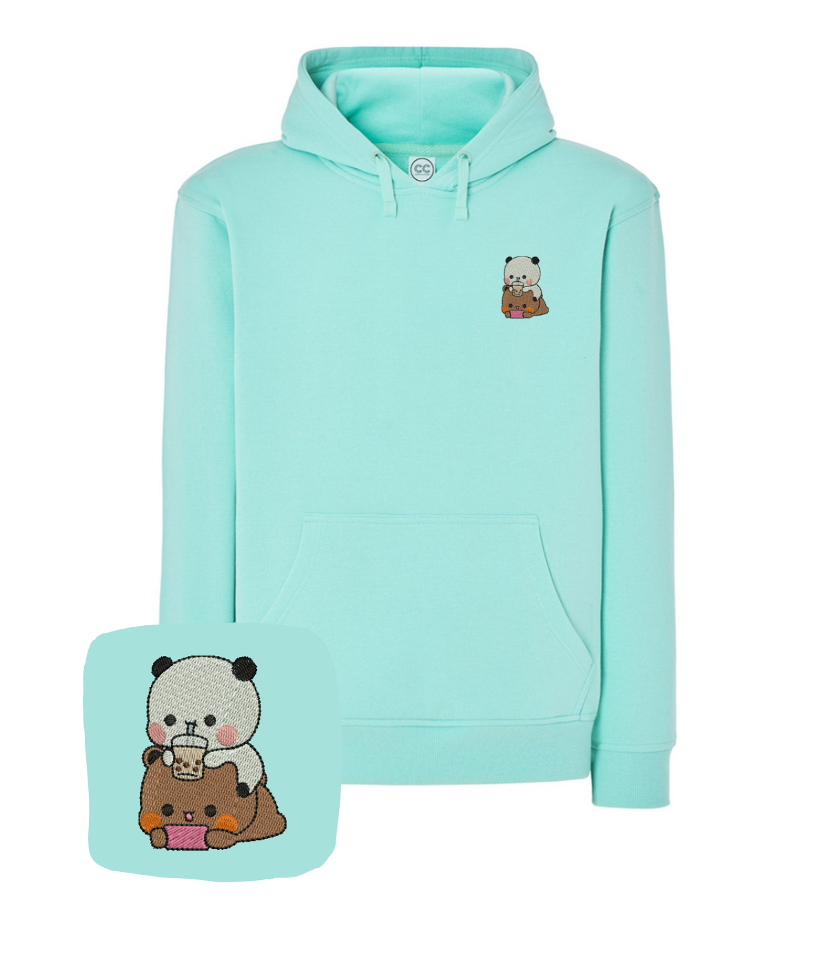 Colorful hoodie with embroidered Bubu and Dudu characters, made by CustomClothes.pl, featuring playful design and cozy fabric.
