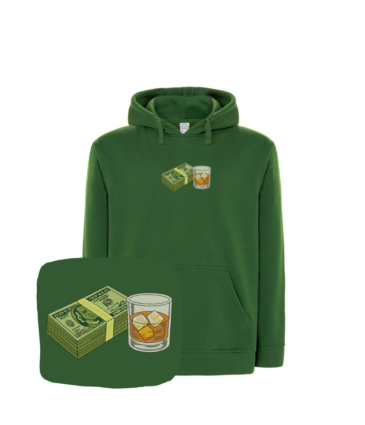 Bottle-themed embroidered hoodie from CustomClothes.pl featuring banknotes and whisky designs on a blue sweatshirt.