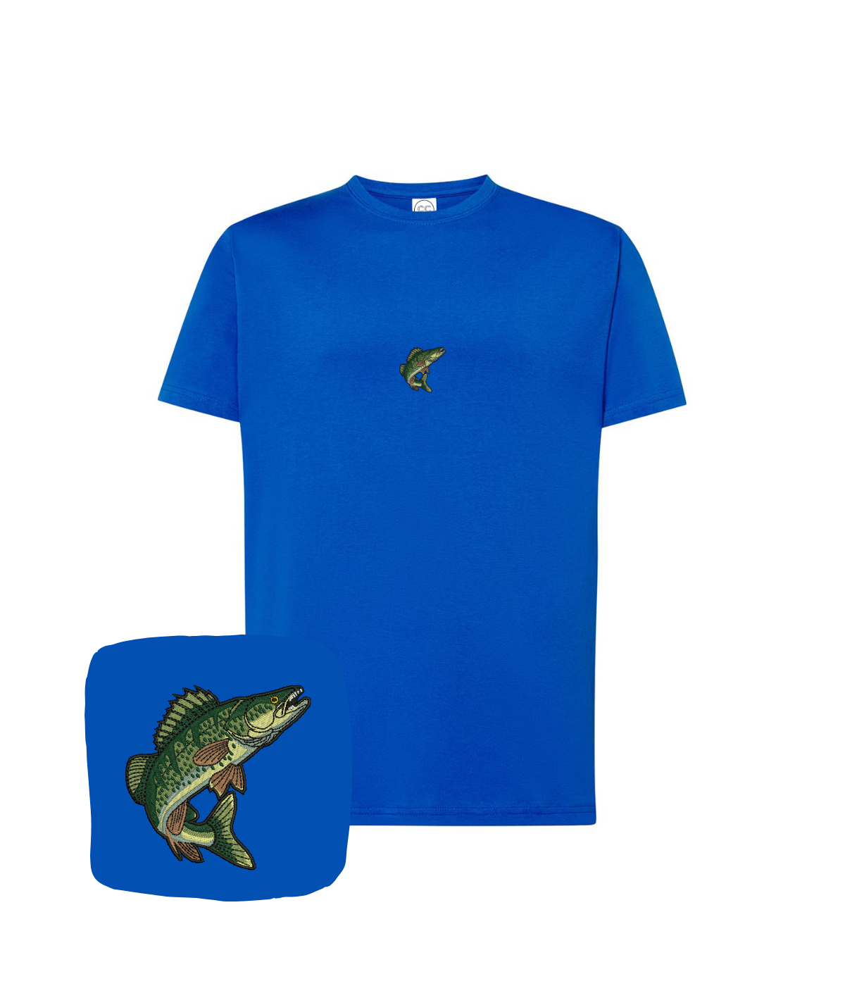 Dark blue CustomClothes.pl t-shirt with embroidered fish Okoń design, featuring detailed fish embroidery on the front.