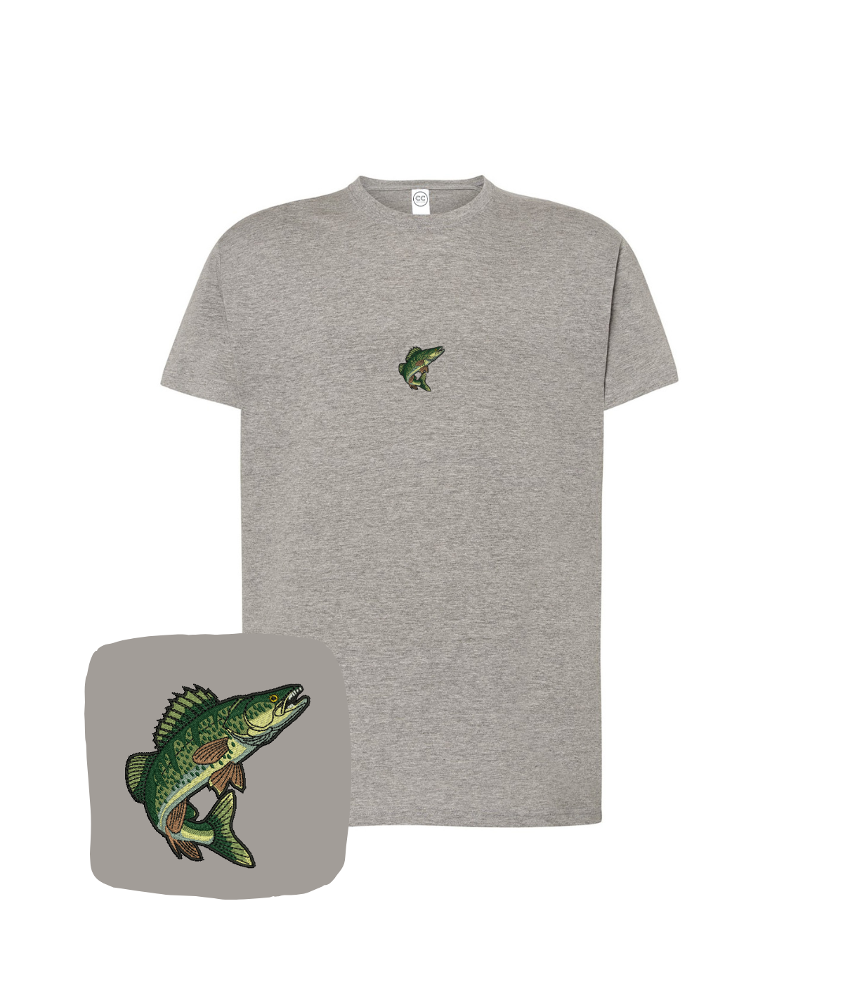 Dark gray fishing T-shirt with embroidered perch fish design, casual style by CustomClothes.pl.