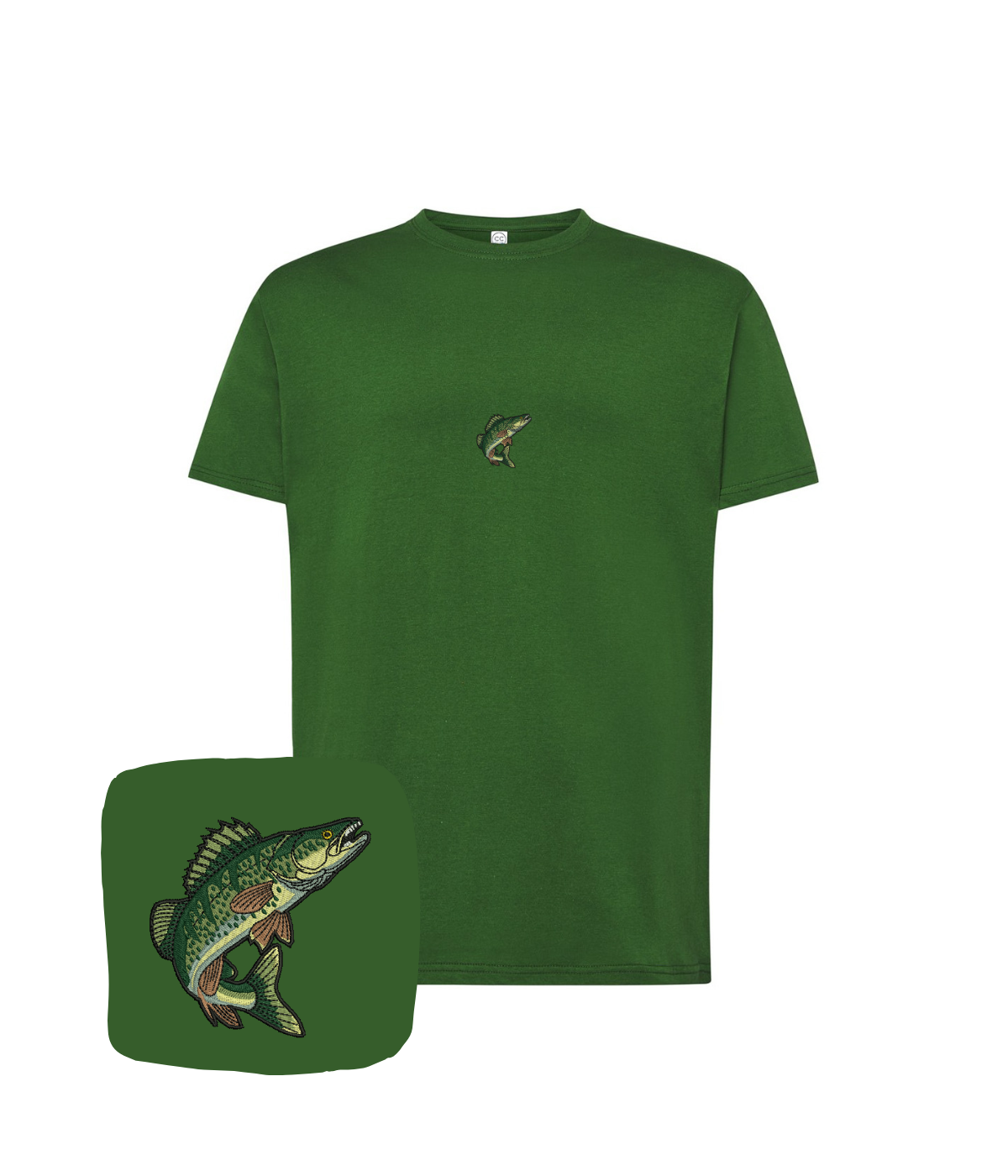 Dark green CustomClothes.pl t-shirt with embroidered fish, featuring an Okoń (perch) design on the chest.
