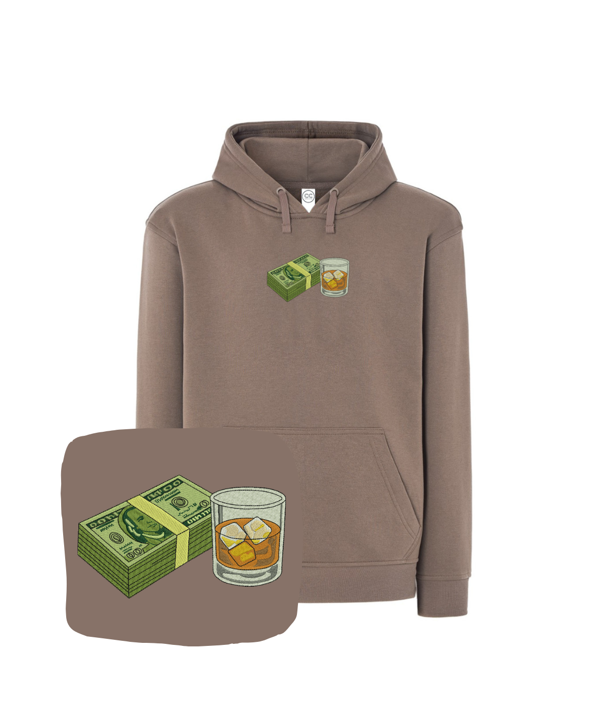 Blue hoodie with embroidered banknotes and whisky design, casual style from CustomClothes.pl.