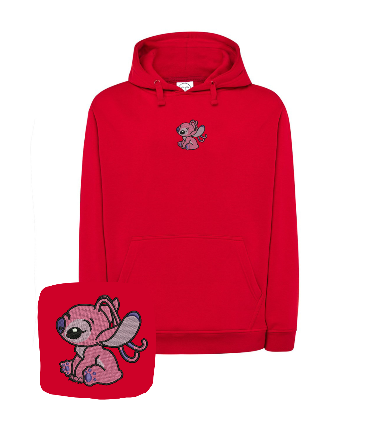 Blue hoodie with embroidered angel design, casual style, by CustomClothes.pl, showing detailed stitching on the front.