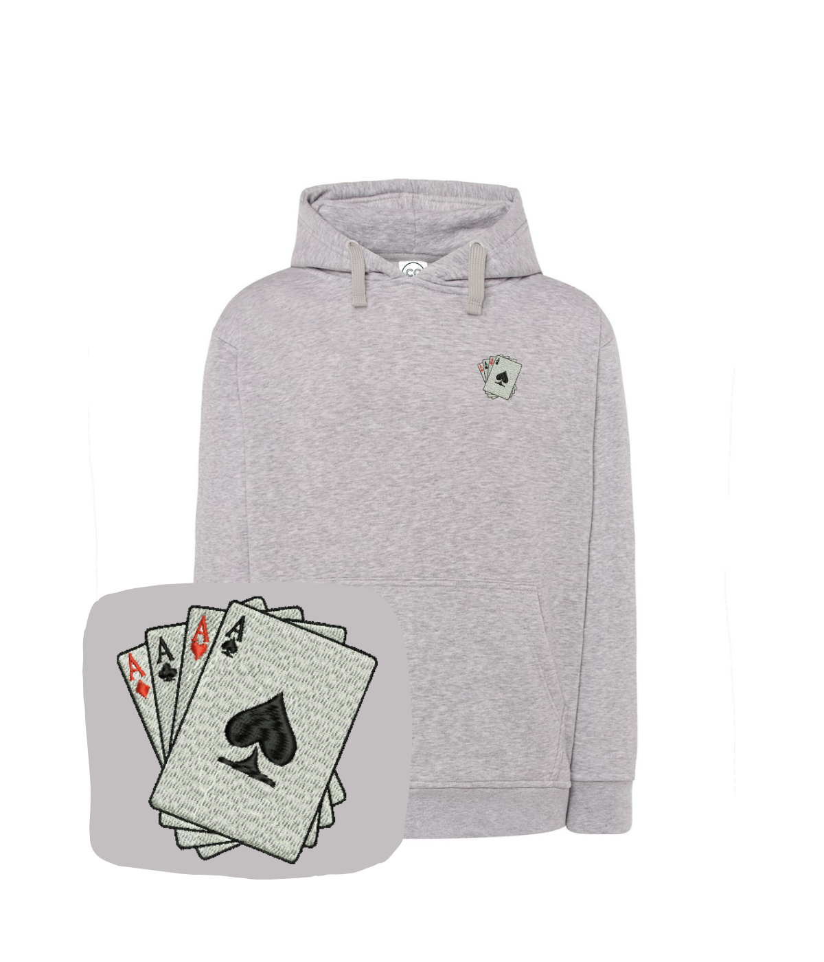 Blue sweatshirt with embroidered card deck and four aces design from CustomClothes.pl, featuring detailed needlework.