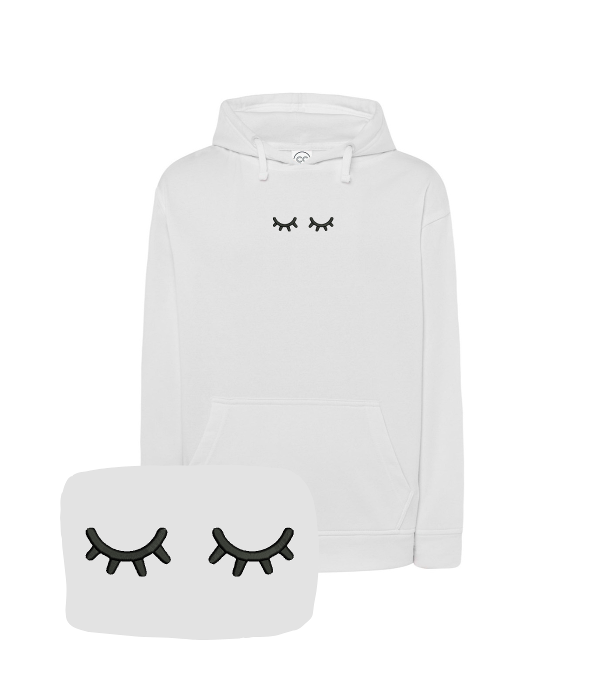 Blue hoodie with embroidered sleeping eyes design, casual fit, from CustomClothes.pl.