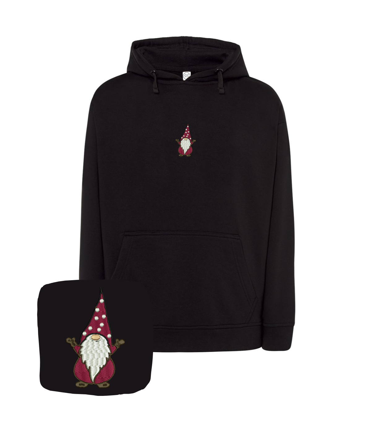 Blue hoodie with embroidered gnome design from CustomClothes.pl, featuring detailed gnome embroidery on the front.