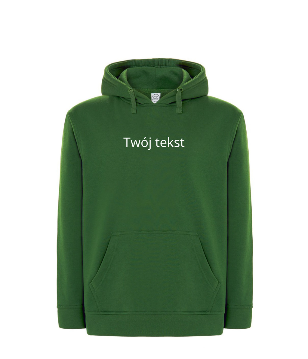 Personalized custom hoodie with small custom text, soft fabric and adjustable hood, by CustomClothes.pl