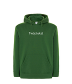 Personalized custom hoodie with small custom text, soft fabric and adjustable hood, by CustomClothes.pl
