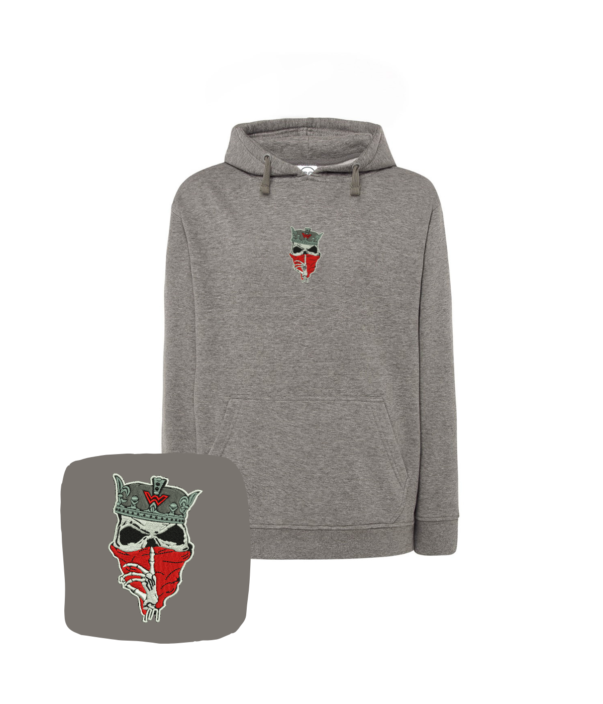 Black hoodie with skull crest embroidery, featuring a hood and custom design, perfect for fans of dark, gothic fashion.