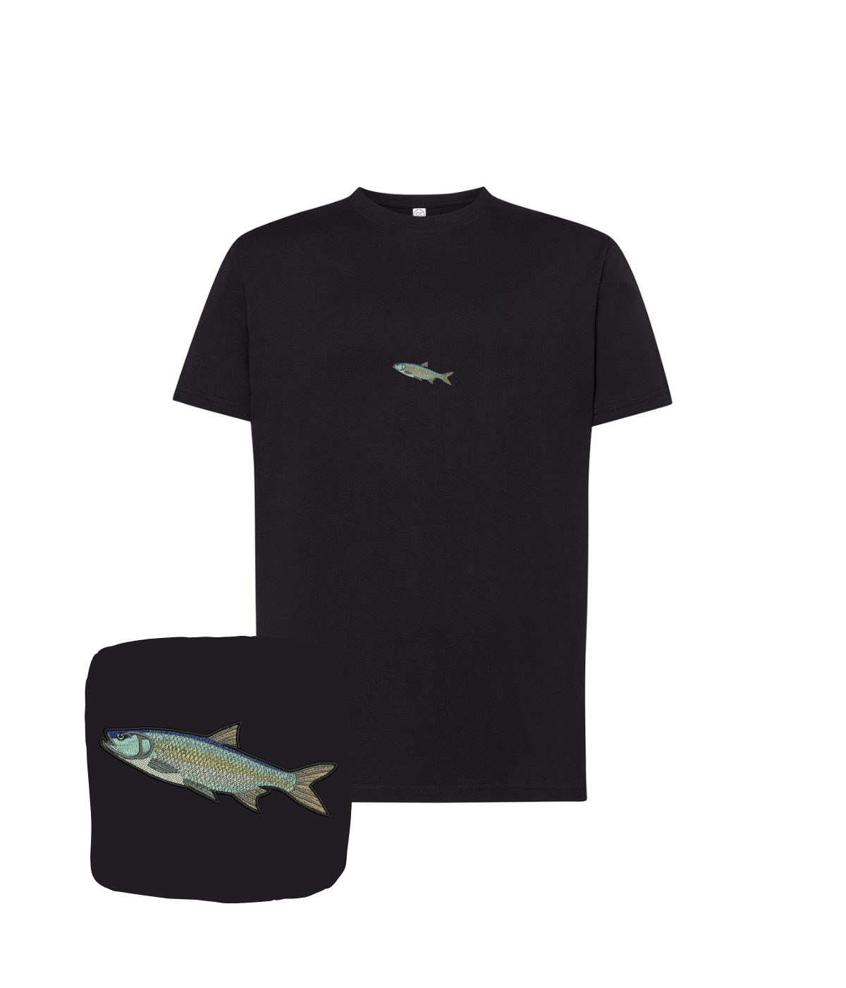 Black T-shirt with a fish embroidery design, featuring the boleń fish, from CustomClothes.pl.