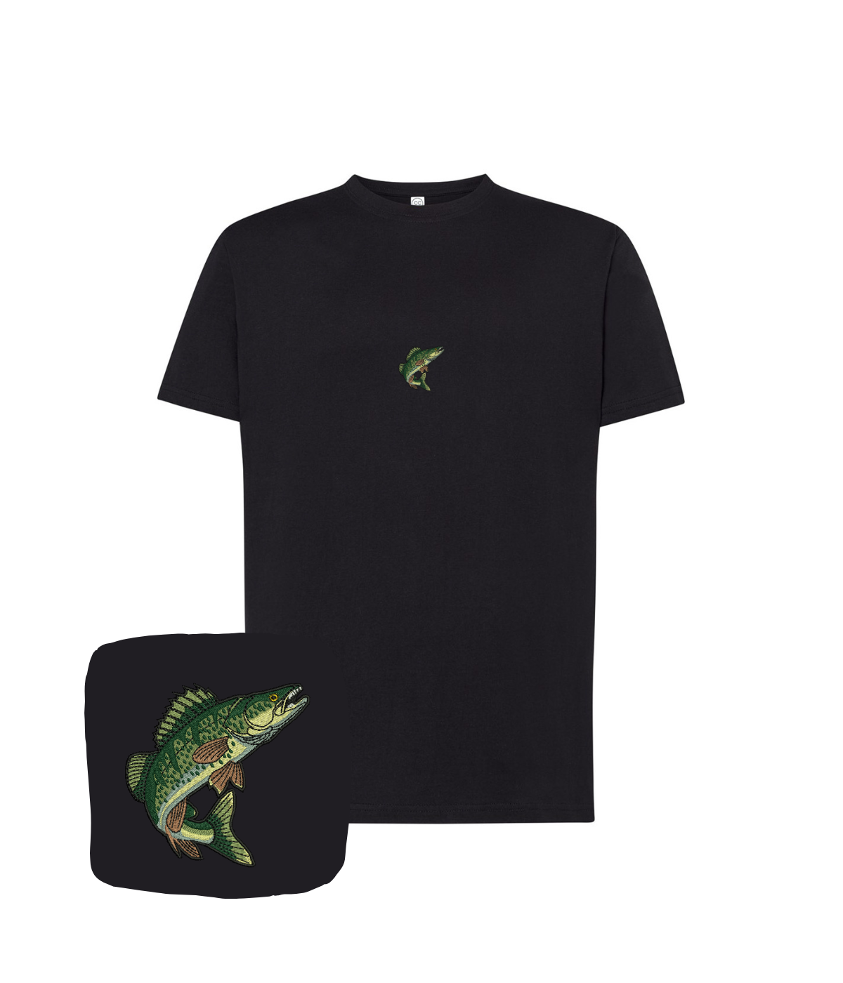 Black fishing T-shirt with embroidered perch fish design, featuring the custom logo on the front.