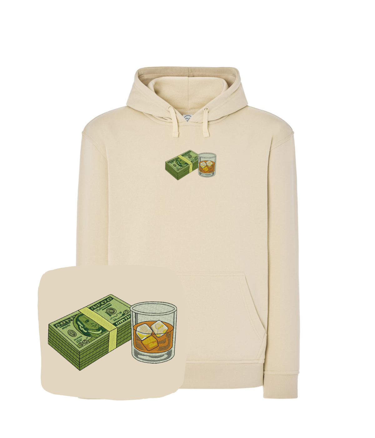 Black hoodie with banknote and whiskey embroidery, casual hoodie from CustomClothes.pl featuring unique printed design.