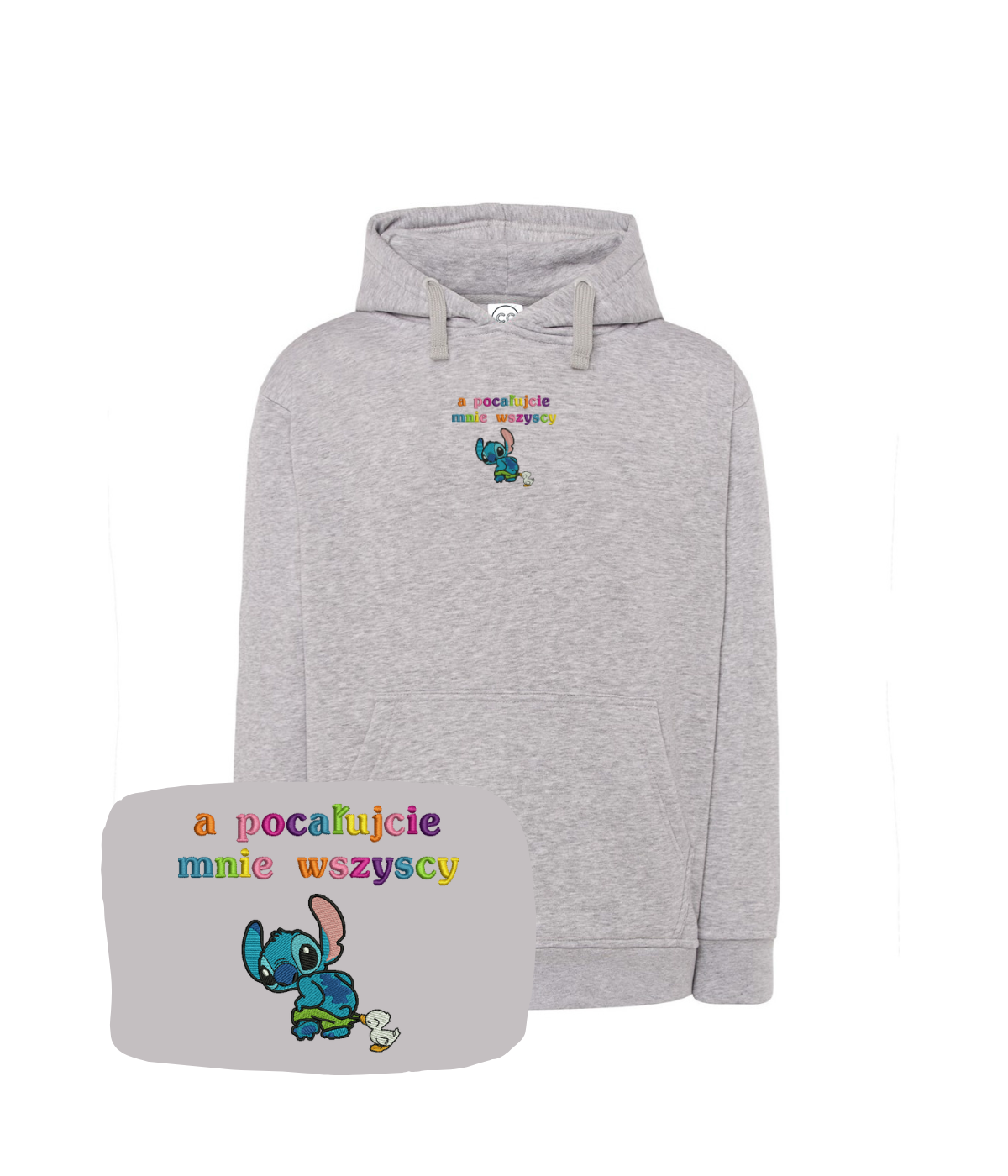 CustomClothes.pl blue hoodie with embroidered "Kiss Me All" design, featuring detailed stitch artwork and casual fit.