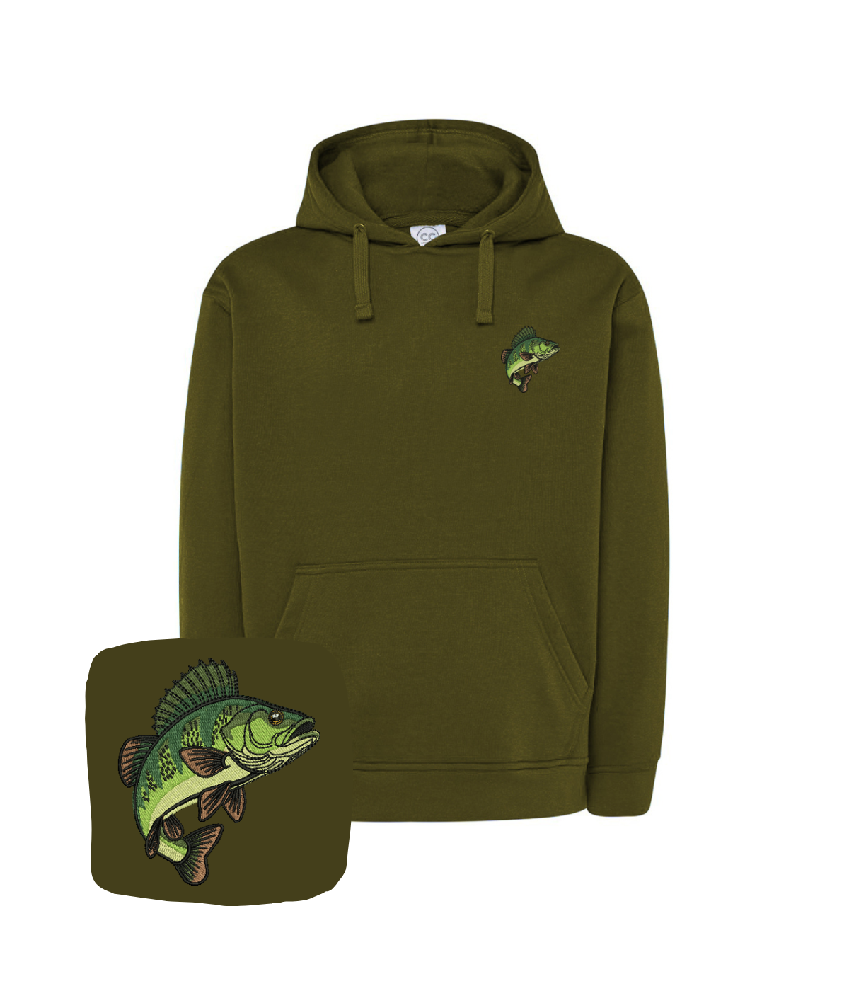 Blue hoodie with embroidered fish design featuring a perch, from CustomClothes.pl, showcasing detailed fish embroidery on the front.