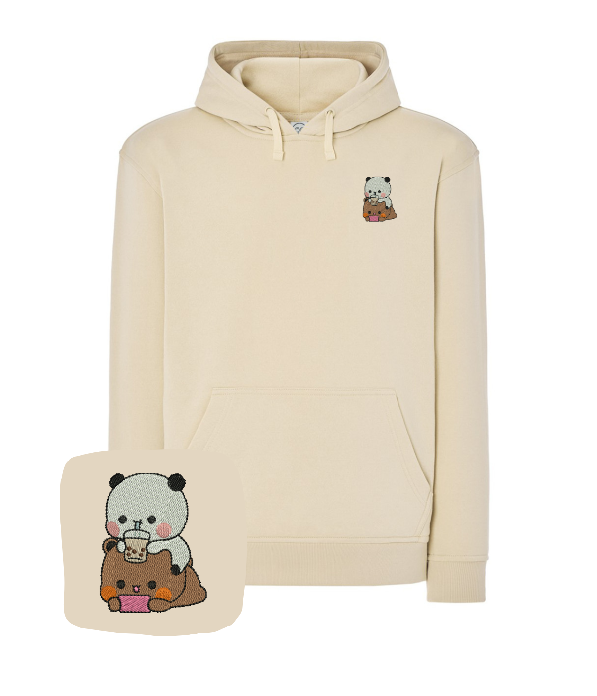 Blue hoodie with embroidered Dudu and Bubu characters, casual fit, featuring colorful stitched designs on the front.