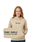 Blue hoodie with a "Dzień Dobry" embroidered text, featuring a humorous design, from CustomClothes.pl.