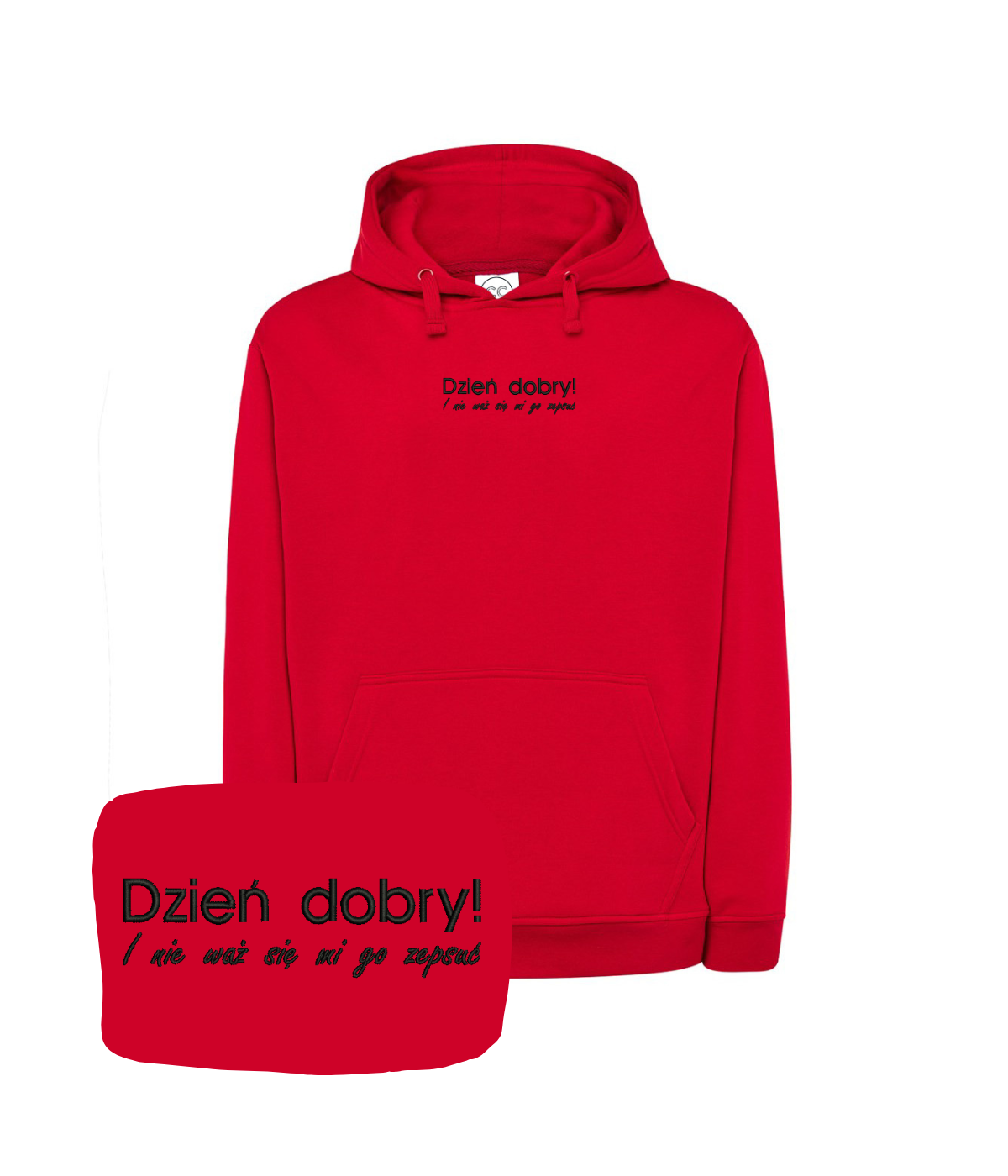 Red hoodie with "Dzień Dobry" embroidered text, casual style, featuring a front pocket and adjustable drawstrings.