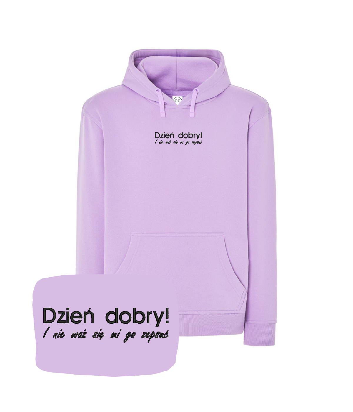 Purple hoodie with "Dzień Dobry" embroidery, casual style, featuring a front design, by CustomClothes.pl.