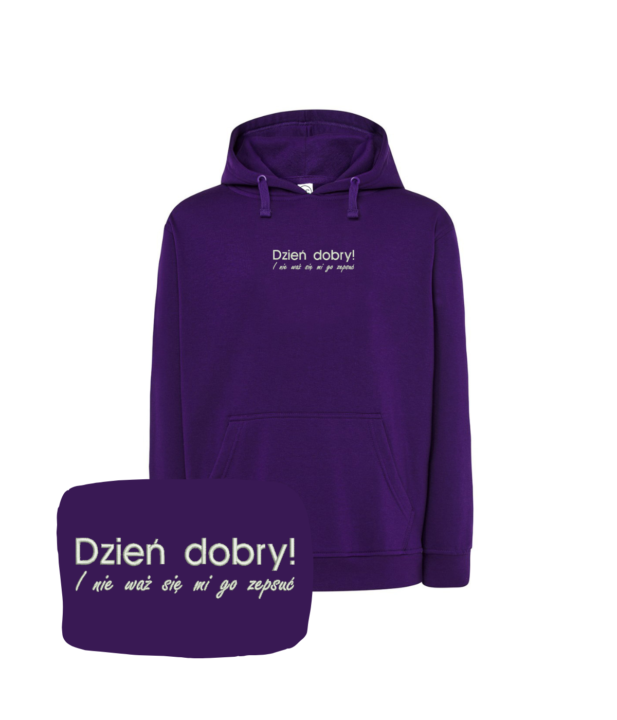 Purple hoodie with "Dzień Dobry" embroidered text, casual style, front view, from CustomClothes.pl, ideal as funny birthday gift
