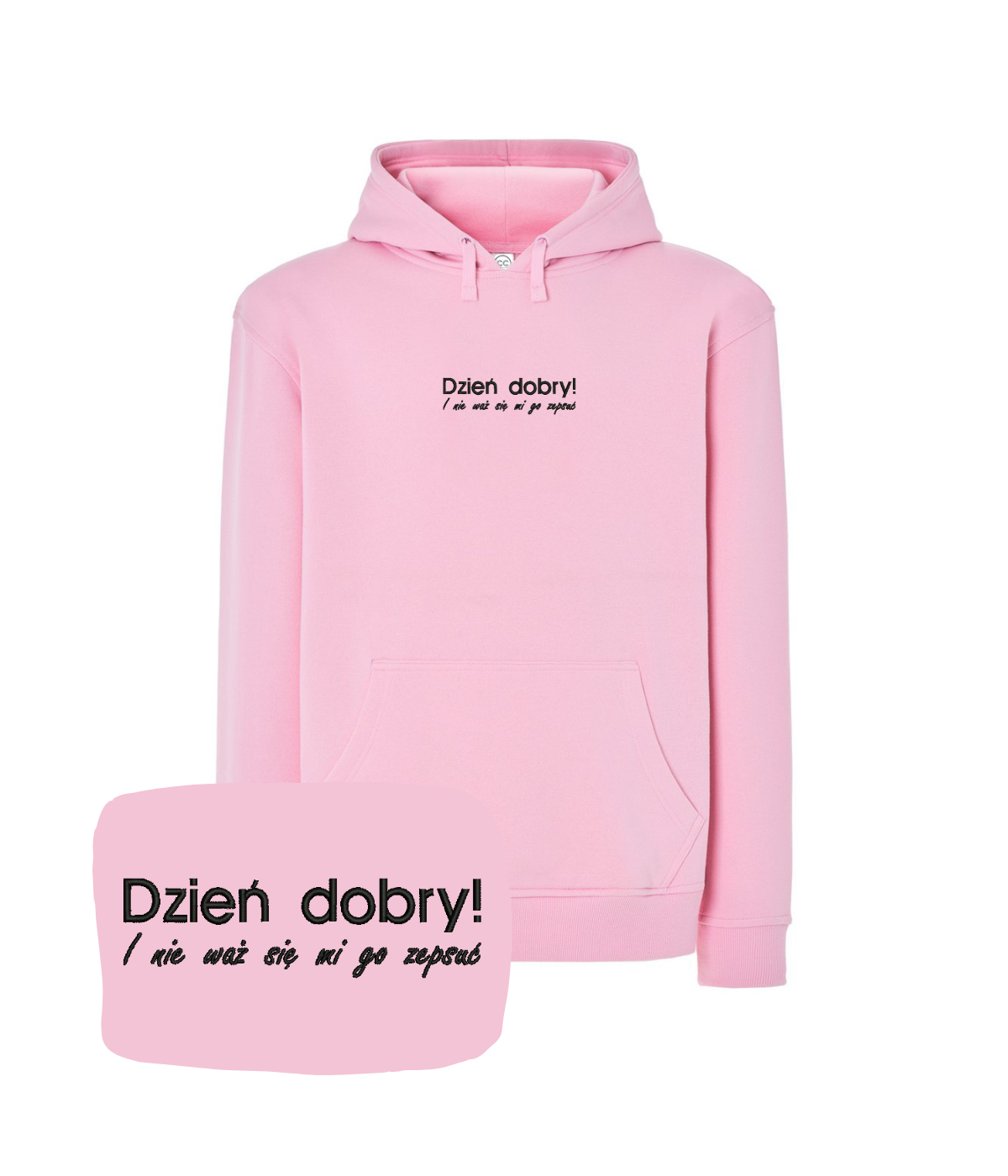 Pink hoodie with "Dzień Dobry" embroidered text from CustomClothes.pl, featuring a front view of the casual hooded sweatshirt.