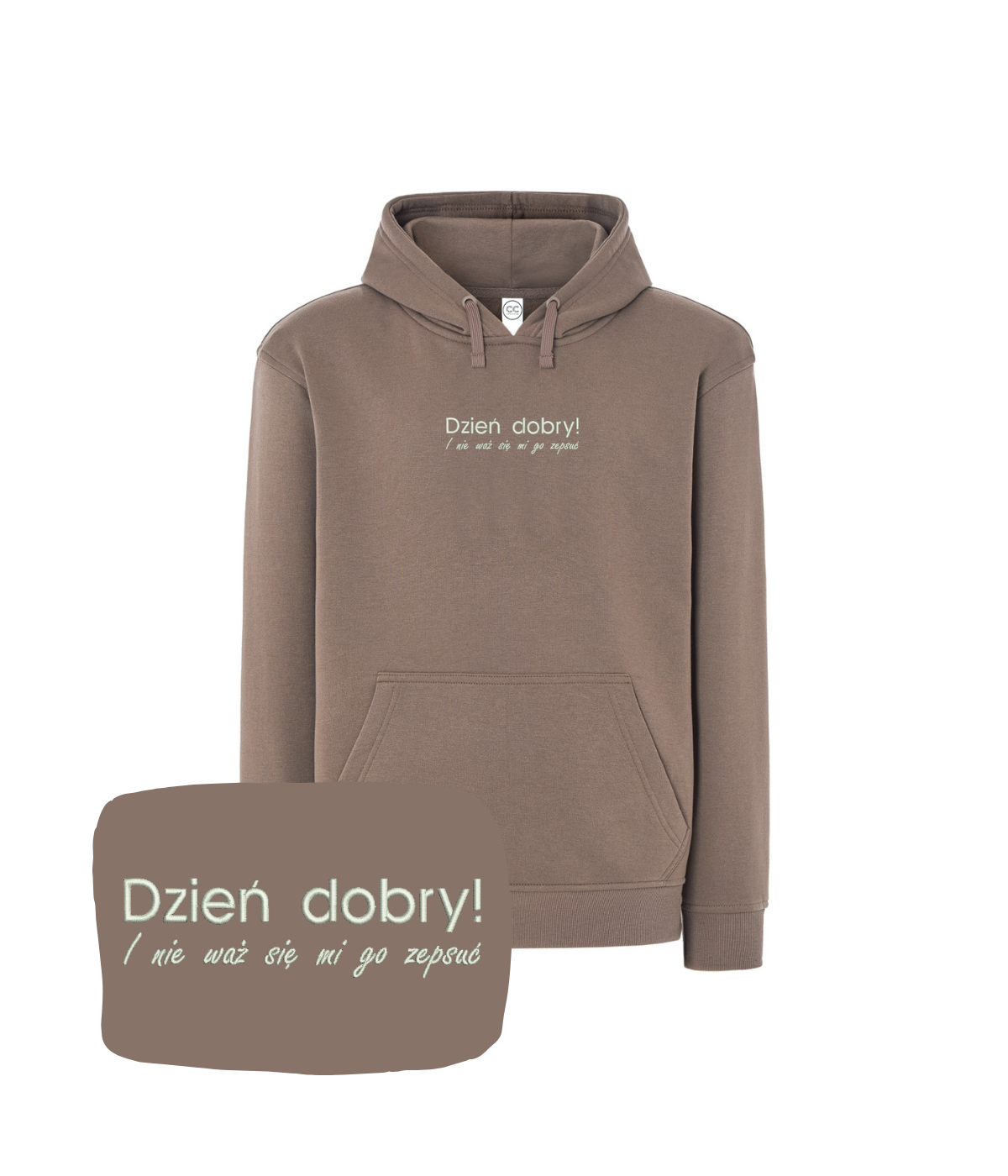 Taupe hoodie with "Dzień Dobry" embroidered text from CustomClothes.pl, front view showing the casual design and embroidered detail.