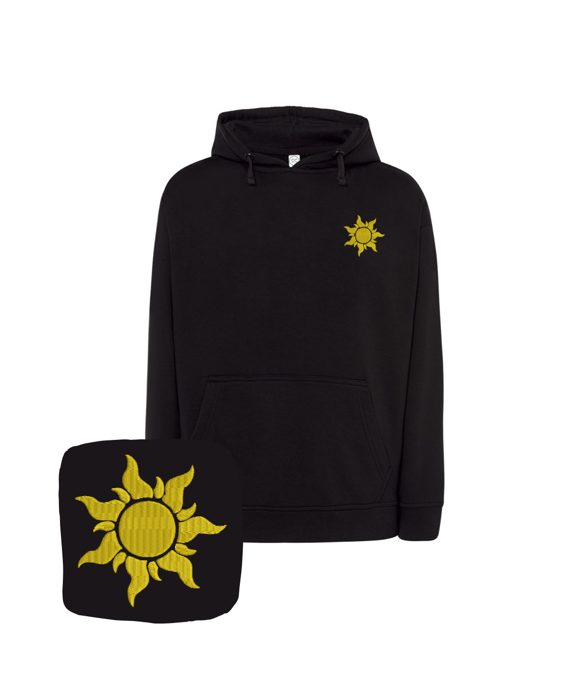 Cotton blue sweatshirt with sun embroidery from CustomClothes.pl, showcasing vibrant sun design on the front.